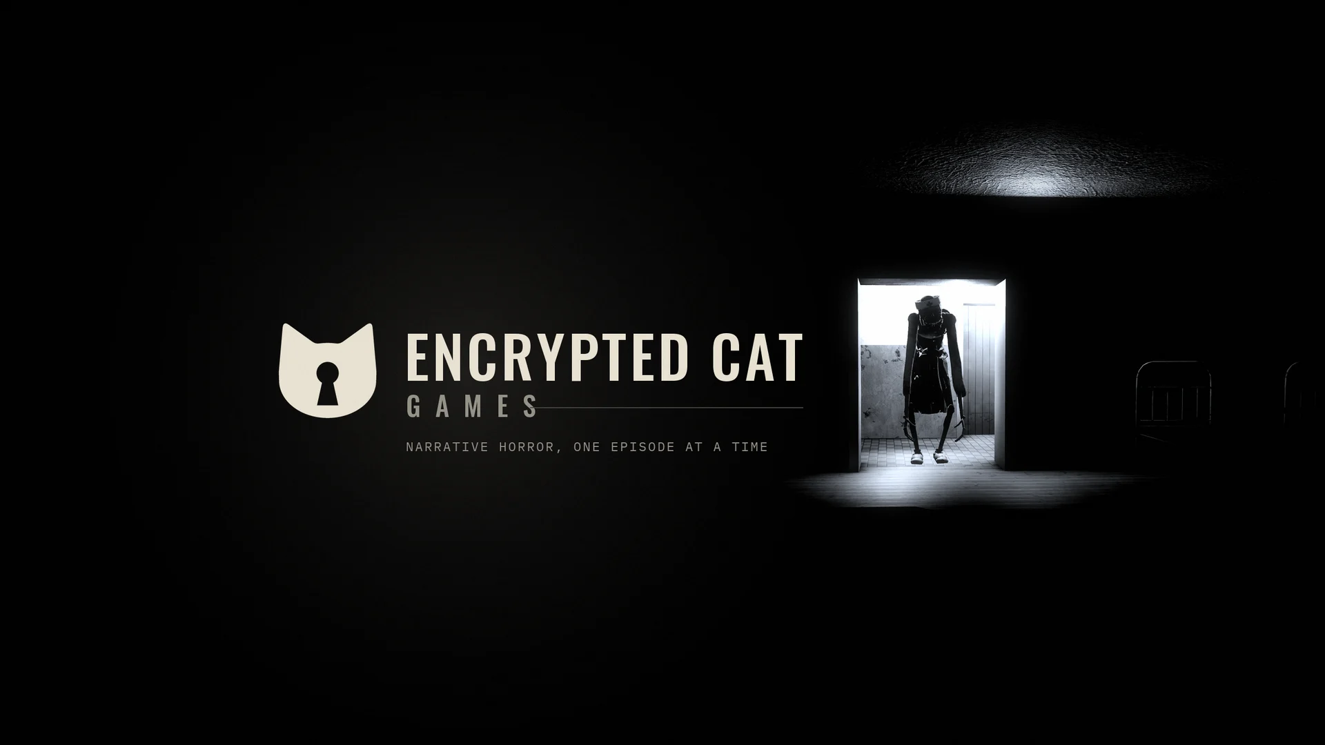Encrypted Cat Games. Narrative horror, one episode at a time. A figure waits in a lit sanatorium doorway.